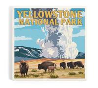Yellowstone National Park, Wyoming, Old Faithful Geyser and Bison Herd (Absorbent Ceramic Coaster, Single, Cork Back, Kitchen Table Decor)