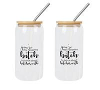Yelolyio 2 Pcs Glass Tumbler with Straw and Lid You're My Favorite Bitch to Bitch About Bitches with Glass Cup Drinking Glasses Happy Mother's Day Cups Great for for Iced Coffee Cocktail Tea Juice