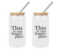 Yelolyio 2 Pcs Glass Tumbler with Straw This is Our Happy Place Glass Cup Cute Glass Cups Gift for Mom Cups Great for for Boba Tea Whiskey Water