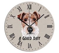 Yelolyio A Good Day Wire Fox Terrier Wall Clock Pet Dog Decorative Wall Clock Shabby Chic Retro 10inch Round Clock Quartz Battery Operated Silent PVC Wall Clocks for Living Room