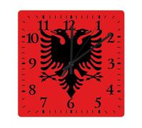 Yelolyio Albania National Flag Wall Clock Albania Wooden Clock 38 X 38 Cm Rustic Style Arts And Crafts No Ticking Sound Battery Operated Clock Decor for Shelf Half Bath Pub