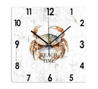 Yelolyio Beach Time Crab Wall Clock Beach Themed Wooden Clock 25 X 25 Cm Rustic Style Arts And Crafts No Ticking Sound Battery Operated Clock Decor for Shelf Half Bath Pub