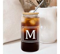 Yelolyio Can Glass Cups with Lid and Straw Monogram Letter M Glass Cup Cute Glass Cups Name Initial Cups Great for for Water Tea 16 OZ
