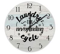 Yelolyio Decorative Wall Clock Laundry, The Never Ending Cycle Wall Clock Inspirational Wooden Clocks Silent Battery Operated 10 Inch Shabby Chic Retro Round Clock for Kitchen Bedroom Office