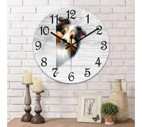 Yelolyio Dog Peeking Around Corner Wall Clock Shetland Sheepdog Round Decorative Clocks Battery Operated 15 Inch Silent Modern Home Decor for Office Classroom Bedroom Dining Room