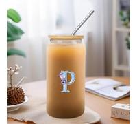Yelolyio Drinking Glasses with Bamboo Lids Monogram Letter P Glass Cup Watercolor Blue Letter Purple Flower Can Beer Cups Inspired Monogram Cups Great for for Beer Ice Coffee 16 OZ