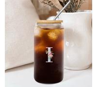 Yelolyio Glass Jars with Bamboo Lids Monogram Letter I Glass Cup Watercolor Blue Letter Peony Flower Cute Glass Cups Name Initial Cups Great for for Mojito Soda Whiskey Iced Coffee 16 OZ