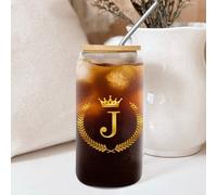 Yelolyio Glass Tumbler with Straw and Lid Golden Monogram Letter J Glass Cup Olive Leaf Wreath with Crown Drinking Glasses Inspired Monogram Cups Great for for Women Men Teacher Readers 16 OZ