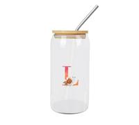 Yelolyio Glass Tumbler with Straw Monogram Letter L Glass Cup Watercolor Pink Letter Rose Flower Cup Alphabet Letters Cups Great for for Tea Whiskey Water 16 OZ