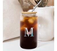 Yelolyio Glass Tumbler with Straw Monogram Letter M Glass Cup Watercolor Blue Letter Peony Flower Cup Inspired Monogram Cups Great for for Juicing Coffee Soda Tea 16 OZ
