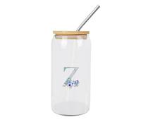 Yelolyio Glass Tumbler with Straw Monogram Letter Z Glass Cup Marbling Letter Blue Flower Cup Name Initial Cups Great for for Beer Ice Coffee 16 OZ
