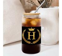 Yelolyio Glasses with Bamboo Lids and Straw Golden Monogram Letter H Glass Cup Olive Leaf Wreath with Crown Drinking Glasses Alphabet Letters Cups Great for for Water Tea 16 OZ