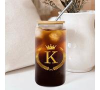 Yelolyio Glasses with Bamboo Lids and Straw Golden Monogram Letter K Glass Cup Olive Leaf Wreath with Crown Cup Alphabet Letters Cups Great for for Iced Coffee Cocktail Tea Juice 16 OZ
