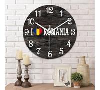 Yelolyio I Love Romania Wall Clock Romania Country Flag 15 Inch Wooden Wall Clocks Battery Operated Silent Round Clock Home Decor for Bedroom Living Room Kitchen School Classroom