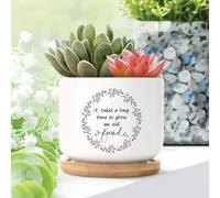 Yelolyio It Takes A Long Time to Grow An Old Friend Planters Ceramic Family Quote Round Plant Pots With Drainage Holes And Bamboo Tray Pot For Indoor Outdoor Garden