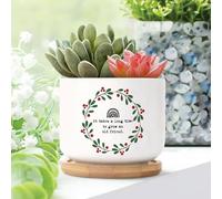Yelolyio It Takes A Long Time to Grow An Old Friends Planters Ceramic Family Prayer Round Flower Pot With Drainage Holes And Bamboo Tray Pot For Home Office Decoration