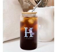 Yelolyio Jars with Lids and Straws Monogram Letter H Glass Cup Watercolor Blue Letter Purple Flower Drinking Glasses Inspired Monogram Cups Great for for Soda Whiskey Coffee 16 OZ