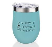 Yelolyio Lake Blue12oz Non-Rust Steel Wine Tumbler Screw It! It's Wine Wednesday Insulated Wine Glass with Sliding Lid, Funny Wine Cup for Champaign, Cocktail, Beer