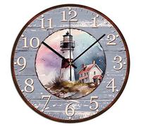 Yelolyio Lighthouse Wooden Decorative Wall Clock Rustic 15inch Round Wall Clock Lighthouse Towers Beach Wall Clocks Silent Battery Operated Home Decorative Clocks for Bedroom Office