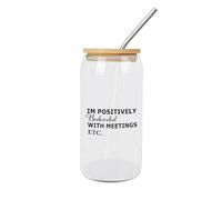 Yelolyio Positively Bedeviled with Meetings Glass Cup Glass Jars with Bamboo Lids Inspirational Quotes Cup for Juice Coffee Soda Drinks Drinking Glasses Clear Glass Cups 16 Oz