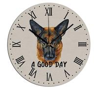 Yelolyio PVC Clocks A Good Day German Shepherd Clocks Dog Lover Gift Clock Hanging Round Wall Clocks Silent Non-Ticking Clock for Living Room Kitchen Bedroom Office 12x12in