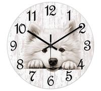 Yelolyio Samoyed Wall Clock Gift for Dog Lover Clocks Decorative Round Wooden Clock Quartz Silent Clock 10Inch Farmhouse Decor for Living Room Office Housewarming Gift