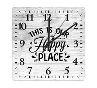 Yelolyio This Is Our Happy Place Square Wood Wall Clock Motivational Quotes Battery Operated Silent Non-Ticking Retro Clocks for Restaurant Office & Family Home Decoration 10.6 Inch