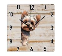 Yelolyio Yorkshire Terrier Square Wall Clock Dog Peeking Around Corner Clock Large Wall Clocks Battery Operated 25 Cm Non-Ticking Modern Home Decor for Kitchen Living Room Bedroom Office