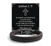 YELUWA Men's Leather Bracelet with Cross Bible Verse Joshua 1:9