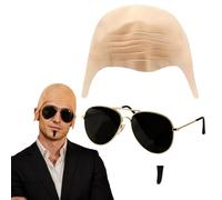 Yelvornic 3pcs Mr Worldwide Costume Set, Bald Cap, Sunglasses and Moustache | Fun fancy dress accessory kit for music parties, cosplay and themed events; Suitable for men and women