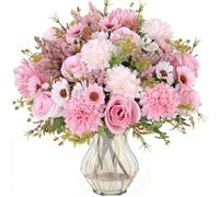 YELYAN 2 Bunches Artificial Roses Silk Flowers Pink Artificial Flowers Faux Hydrangea Roses Flower Bouquet for Home Wedding Party Decoration Arrangement(Pink)