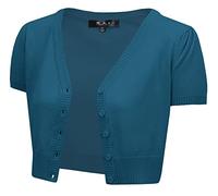 YEMAK Women's Cropped Bolero Cardigan - Short Sleeve V-Neck Basic Classic Casual Button Down Knit Soft Sweater Knitted Top, Teal Blue, L