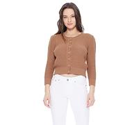 YEMAK Women's Cropped Cardigan Sweater - 3/4 Sleeve Crewneck Basic Classic Casual Button Down Soft Crochet Knit Top (S-3XL) - brown - Large
