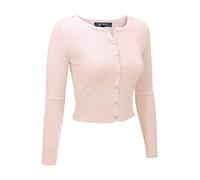 YEMAK Women's Cropped Cardigan Sweater - Long Sleeve Crewneck Basic Classic Casual Button Down Knit Soft Lightweight Top, Blush, M