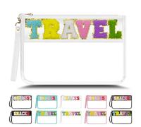 YEMEDA Chenille Letter Clear Zipper Pouch for Travel, Nylon Clear Makeup Letter Bag, PVC Waterproof Cosmetic Bag, Snack Bags for Women Girls, Clear Stuff Bags For Travel, E1-White-Travel
