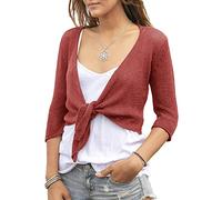 YeMgSiP Women's Tie Front Shrug 3/4 Sleeve Bolero Sheer Knotted Lightweight Cardigan Sweaters Short Shawl Tops, Brick Red, S