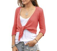 YeMgSiP Women's Tie Front Shrug 3/4 Sleeve Bolero Sheer Knotted Lightweight Cardigan Sweaters Short Shawl Tops, Watermelon Red, S