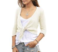 YeMgSiP Women's Tie Front Shrug 3/4 Sleeve Bolero Sheer Knotted Lightweight Cardigan Sweaters Short Shawl Tops - Beige - Large