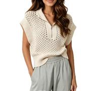 YEMOCILE Womens Half Zip Hollow Out Sweater Vest Sleeveless Summer Casual Knit Pullover V Neck Collar Knitted Loose Sweater, Beige, Small
