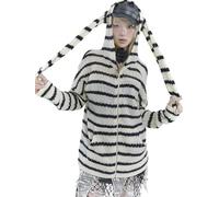 YEMOCILE Womens Y2k Bunny Ear Oversized Sweater Striped Zip Up Long Sleeve Rabbit Knitted Jacket Kawaii Outwear, Black, Medium