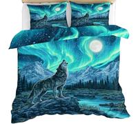 YEMYOR 3D Wolf Comforter Cover, Wild Animal Wolf Duvet Cover 135x200 cm, Aurora Snow Mountain Forest Bedding Set with Zipper Ties & 2 Pillowcases