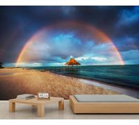 YEMYOR Beach Wall Mural Sea Water Sand Beach Living Room Mural Wallpaper Sky Rainbow Kids Room Murals Seaborne Pavilion DIY Wallpaper Non-Self-Adhesive-400x280cm