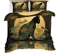 YEMYOR Black Cat Duvet Cover Double 200x200 cm, Vintage Lotus Flower Bedding Set, Retro Boho Animal Comforter Cover with Zipper Ties & 2 Pillowcases