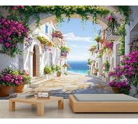 YEMYOR European Town Murals Romantic Seaside City Wallpaper Italian City Street Living Room Mural Wallpapers Small Town Flower Scenery Bedroom Wall Mural Renter Friendly Wallpaper-300x210cm
