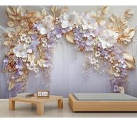 YEMYOR Flower Wall Mural European-Style Embossed Flower Living Room Mural Wallpaper Romantic Purple and White Flowers Bedroom Murals 3D Golden Leaf Art Wallpaper Non-Self-Adhesive-200x140cm