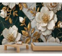 YEMYOR Flower Wall Mural European-Style White Embossed Flower Living Room Mural Wallpaper 3D Golden Leaf Bedroom Murals Modern Marble Art Wallpaper Non-Self-Adhesive-200x140cm