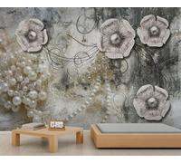 YEMYOR Flower Wall Mural Luxury Silver Gray Flower Living Room Mural Wallpaper Vintage 3D Pearl Flowers Bedroom Murals Abstract Art Painting Flowers Wallpaper Non-Self-Adhesive-280x200cm