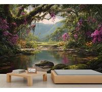 YEMYOR Forest Mural Wallpaper Tropical Jungle Flowers Wall Mural for TV and Sofa Background Mountain Natural Scenery Wallpaper for Living Room Bedroom-350x250cm