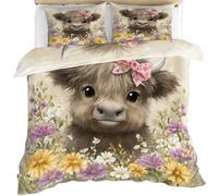 YEMYOR Highland Cattle Comforter Cover, Cute Highland Cow Duvet Cover 200x200 cm, Rustic Flower Wild Animal Bedding Set with Zipper Ties & 2 Pillowcases