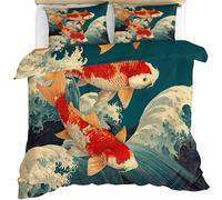 YEMYOR Japanese Duvet Cover, Red Koi Fish Comforter Cover Double 200x200 cm, Japanese Ocean Wave Bedding Set with Hidden Zipper